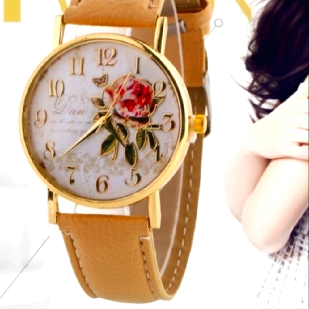 Rose Face Analog Leather Watch Tan